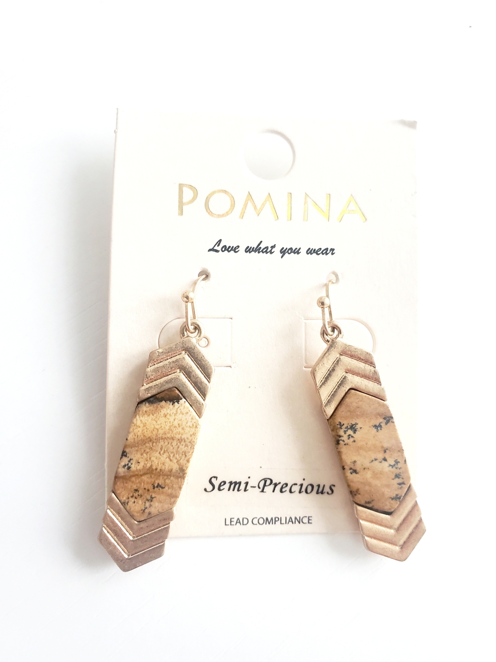 Pomina Beige Jasper Chevron Drop Earrings with Gold Accents